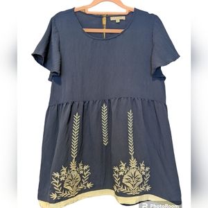 Polagram Floral Embroidered Short Sleeve Blouse Top. Sz M Blue/cream